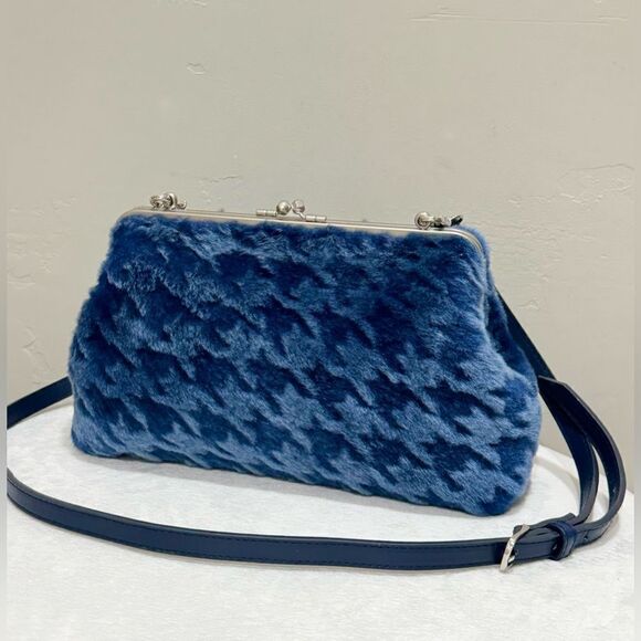 Blue Houndstooth Genuine Shearling Leather Kisslock Handbag, Multi Use Style - Picture 7 of 16